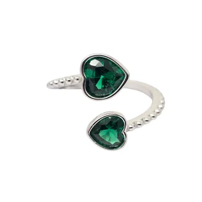 Harfi Women's Green / Silver Double Heart Emerald Heart May Birthstone Adjustable Silver Ring In Grey