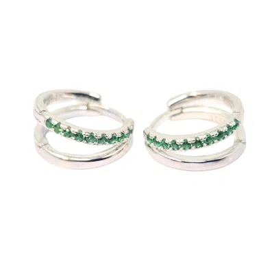 Harfi Women's Green / Silver Emerald May Birthstone Double Hoop Small Huggie Sterling Silver Earrings In Metallic