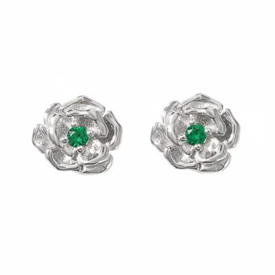 Harfi Women's Green / Silver Emerald May Birthstone Hawthorn Birthflower Sterling Silver Stud Earrings In Gray