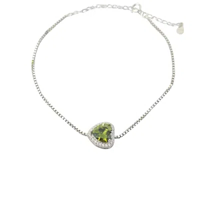 Harfi Women's Green / Silver Peridot August Birthstone Love Heart Charm Sterling Silver Bracelet In Grey
