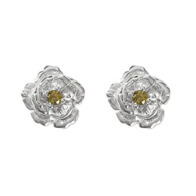 Harfi Women's Green / Silver Peridot August Birthstone Poppy Birthflower Sterling Silver Stud Earrings In Gray