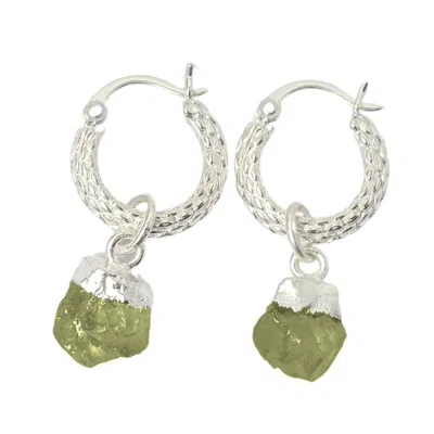 Harfi Women's Green / Silver Raw Peridot August Birthstone Huggie Hoops Sterling Silver Gemstone Earrings