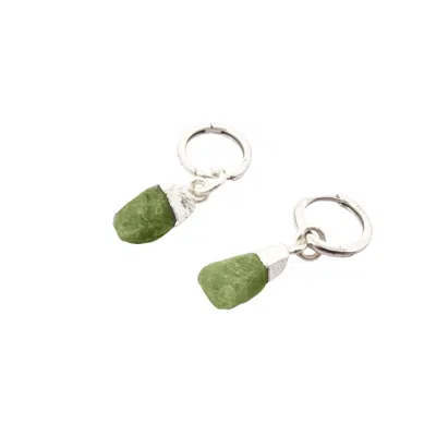 Harfi Women's Green / Silver Raw Peridot Sterling Silver August Birthstone Crystal Small Round Huggies In Multi