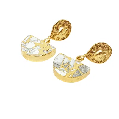 Harfi Women's Grey / Gold Moonstone June Birthstone Statement Hammered Gold Plated Earrings In Multi