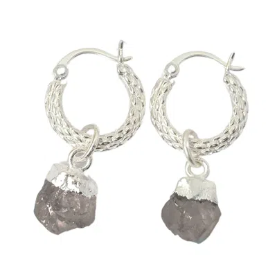 Harfi Women's Grey / Silver Raw Herkimer Diamond April Birthstone Huggie Hoops Sterling Silver Gemstone Ea