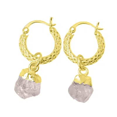 Harfi Women's Pink / Purple / Gold Raw Rose Quartz October Birthstone Huggie Hoops Gold Vermeil Plated Gem