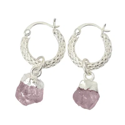 Harfi Women's Pink / Purple / Silver Raw Rose Quartz October Birthstone Huggie Hoops Sterling Silver Gemst