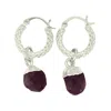 Harfi Women's Pink / Purple / Silver Raw Ruby July Birthstone Huggie Hoops Sterling Silver Gemstone Earrin