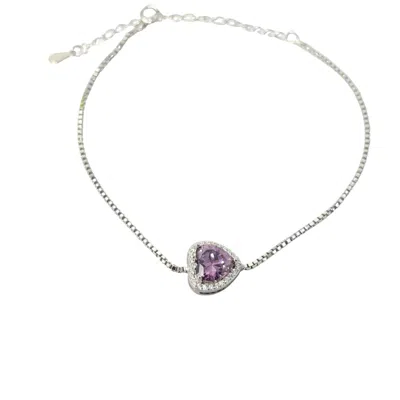 Harfi Women's Purple / Silver Amethyst February Birthstone Love Heart Charm Sterling Silver Bracelet In Gray