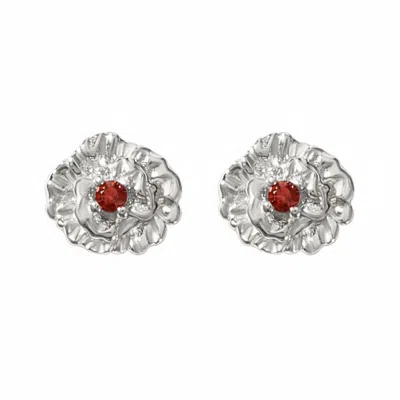 Harfi Women's Red / Silver Garnet January Birthstone Carnation Birthflower Sterling Silver Stud Earrings In Gray