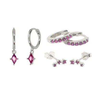Harfi Women's Red / Silver July Birthstone Ruby Sterling Silver Earrings Gift Set For Her In Multi