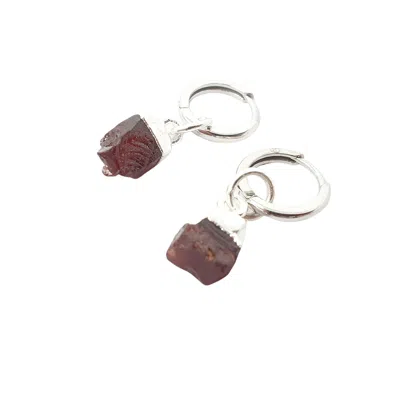 Harfi Women's Red / Silver Raw Garnet January Birthstone Sterling Silver Huggies In Multi