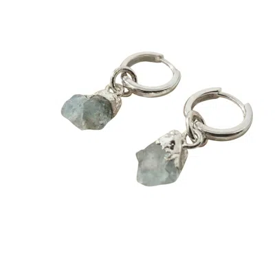 Harfi Women's Silver / Blue Raw Aquamarine March Birthstone Sterling Silver Huggies In Multi