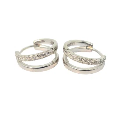 Harfi Women's Silver / White Diamond April Birthstone Double Hoop Small Huggie Sterling Silver Earrings In Gray