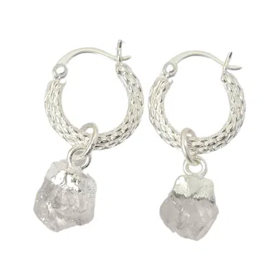 Harfi Women's Silver / White Raw Moonstone June Birthstone Huggie Hoops Sterling Silver Gemstone Earrings