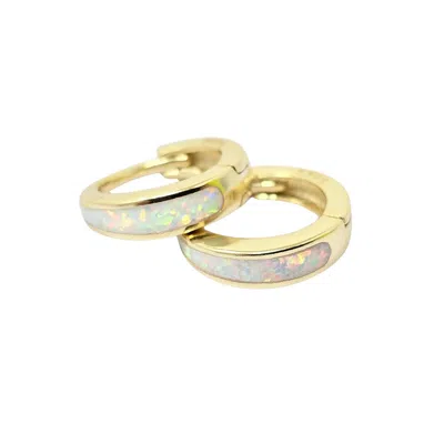 Harfi Women's White / Gold White Opal Tapered Gold Plated Huggie Hoop Earrings
