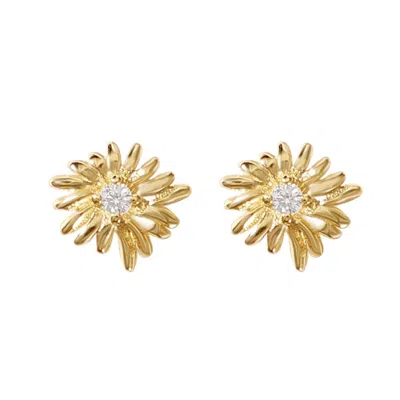 Harfi Women's White / Gold White Topaz April Birthstone Daisy Birthflower Gold Plated Stud Earrings