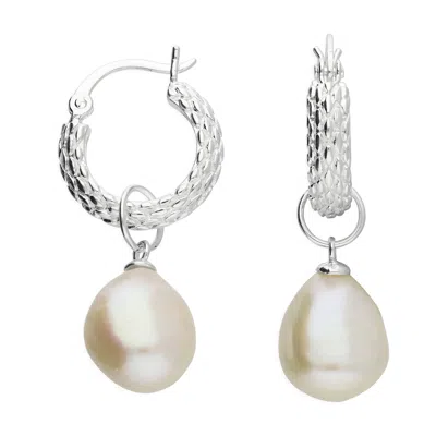 Harfi Women's White / Silver Elegant Sterling Silver Basket Weave Hoop Earrings With Freshwater Pearl Char