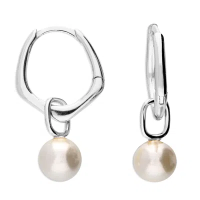 Harfi Women's White / Silver Unique Misshapen Sterling Silver Hoop Earrings With Synthetic Pearl Charm