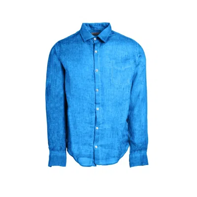 Haris Cotton Men's Blue Long Sleeved Front Pocket Linen Freddo Dye Shirt - Cobalt Freddo