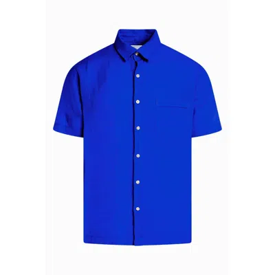 Haris Cotton Men's Blue Short Sleeved Front Pocket Linen Shirt - Lapis