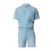 Haris Cotton Men's Blue Slim Fit Short Sleeved Linen Shirt With Mandarin Neck Ciel In Blue