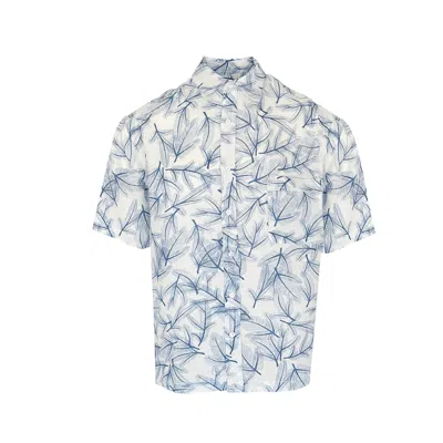 Haris Cotton Men's Blue / White Printed Short Sleeved Front Pocket Linen Shirt Blue Fern In Multi