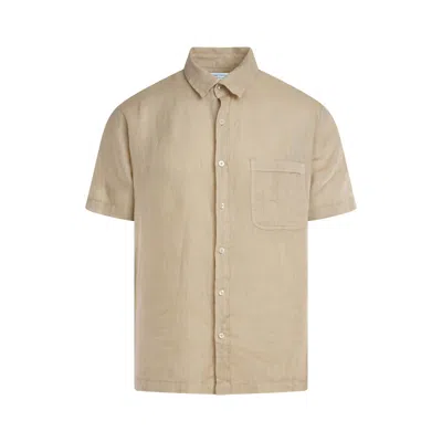 Haris Cotton Men's Neutrals Short Sleeved Front Pocket Linen Shirt-beach Sand In Black