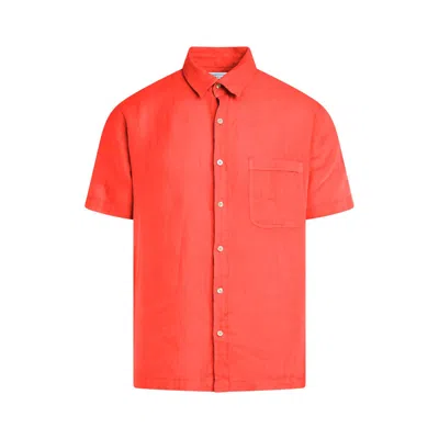 Haris Cotton Men's Red Short Sleeved Front Pocket Linen Shirt-coral Reef