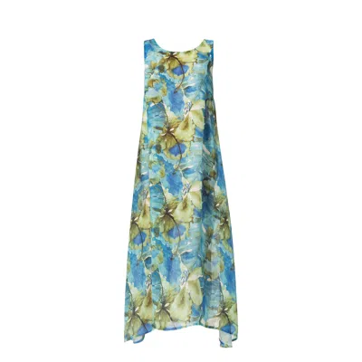 Haris Cotton Women's Asymetrical Printed Linen Gauze Tank Dress Blue Forest