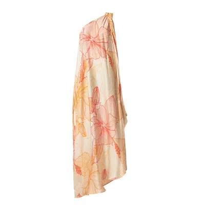 Haris Cotton Women's Asymetrical Printed Satin Dress With One Shoulder Red-orange Hibiscus In Orange/red