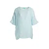 Haris Cotton Women's Blue Front Pocket Curve Linen Gauze Blouse With Batwing Sleeve - Ocean Air In Blue