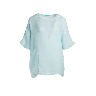 Haris Cotton Women's Blue Front Pocket Curve Linen Gauze Blouse With Batwing Sleeve - Ocean Air In Green