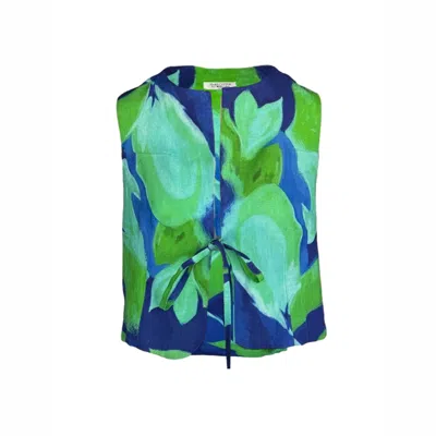 Haris Cotton Women's Blue / Green Front-tied Printed Linen Vest Blue Lagoon In Multi