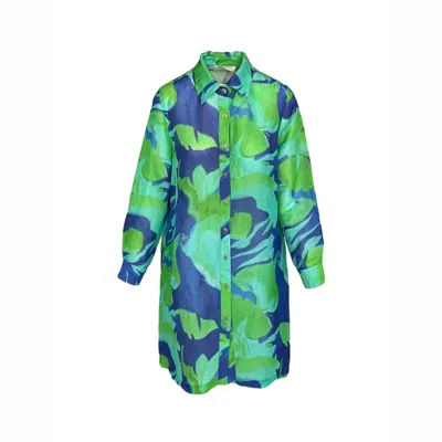 Haris Cotton Women's Blue / Green Longline Printed Linen Blend Shirt With Long Sleeves Blue Lagoon In Multi