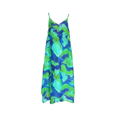 Haris Cotton Women's Blue / Green Printed Linen Blend Strapped Dress With Frills In Multi