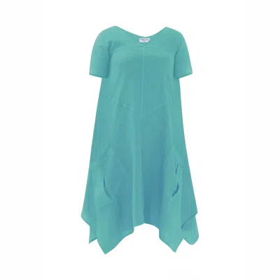 Haris Cotton Women's Blue / Green Solid Asymmetrical Hem Linen Dress With Front Pockets Crystal Blue In Multi