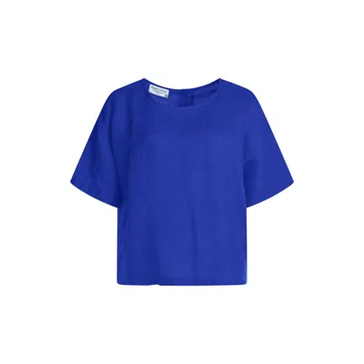 Haris Cotton Women's Blue Linen Curve Blouse With Back Buttons - Lapis