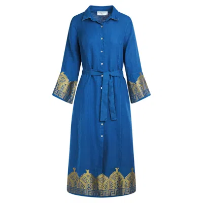 Haris Cotton Women's Blue Linen Maxi Shirt Dress With Embroidered Details Lapis- Gold