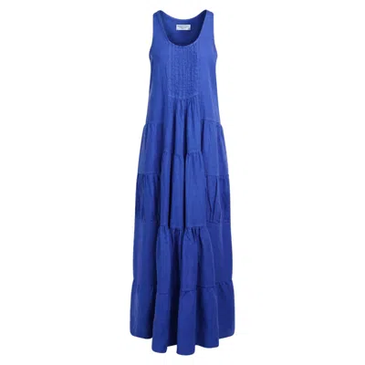 Haris Cotton Women's Blue Linen Maxi Strap Dress With Ruffles - Lapis