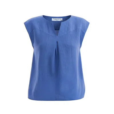 Haris Cotton Women's Blue Linen Short Sleeve Blouse With Front Pleat Regatta