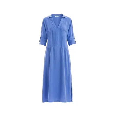 Haris Cotton Women's Blue Linen Three Quarters Sleeve Dress With Deep V Neck Line And Pintucks Regatta