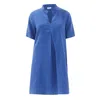 Haris Cotton Women's Blue Mandarin Neck Linen  Cami Dress With Flutter Sleeves - Lapis In Blue