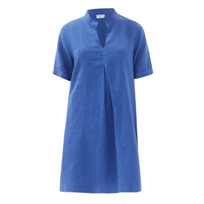 Haris Cotton Women's Blue Mandarin Neck Linen  Cami Dress With Flutter Sleeves - Lapis