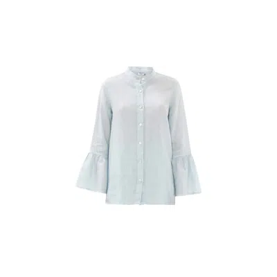 Haris Cotton Women's Blue Mandarin Neck Linen Shirt With Ruffle Sleeves - Ocean Air