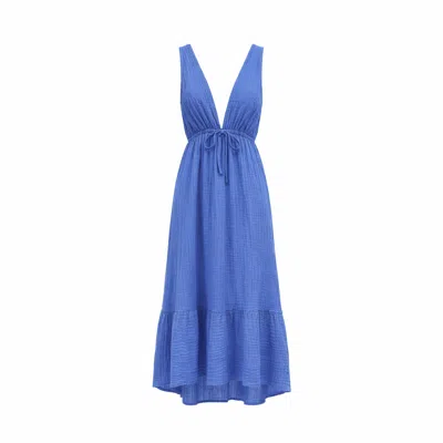 Haris Cotton Women's Blue Maxi Dress In Textured Cotton With Deep V Neck Regatta