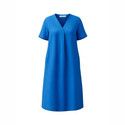 Haris Cotton Women's Blue Notched Neckline Curve Linen Dress With Batwing Sleeve Sapphire