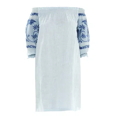 Haris Cotton Women's Blue Off Shoulder Linen Dress With Embroidered Details Ocean Air - Lapis