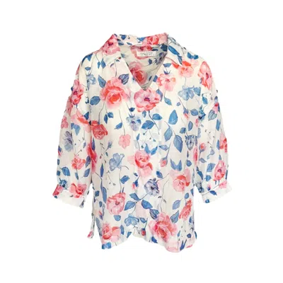 Haris Cotton Women's Blue / Pink / White Ballon Sleeved Printed Silk Blend Blouse Blue Wild Rose In Multi