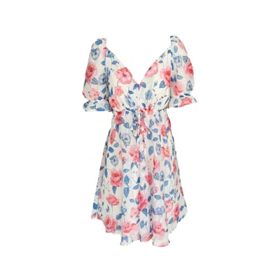 Haris Cotton Women's Blue / Pink / White Printed Mini Silk Blend Dress With Puff Sleeves Blue Wild Rose In Multi